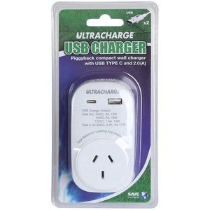 Ultracharge Power Adaptor Wall Plug Outlet Socket – White (Dual USB + USB‑C)