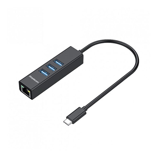 Simplecom CHN421 Aluminium USB‑C to 3‑Port USB Hub with Gigabit Ethernet Adapter (Black)